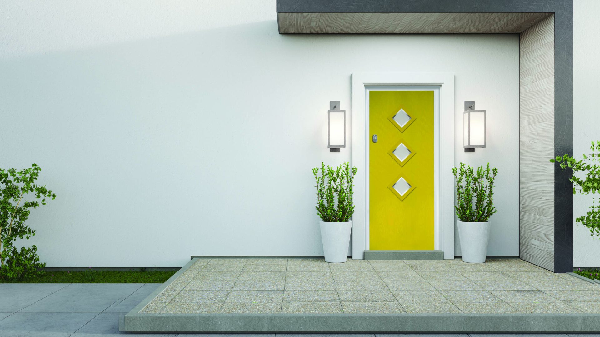 New,House,With,Wooden,Door,And,Empty,White,Wall.,3d
